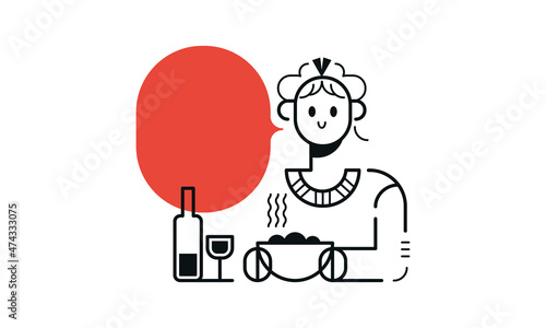 Illustration ligne trait noir et blanc femme discussion avis restaurant qualité plat chaud et boisson vin