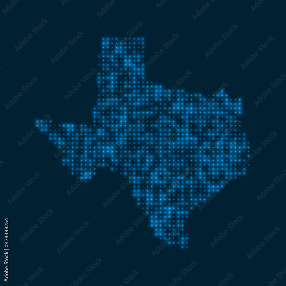 Texas dotted glowing map. Shape of the us state with blue bright bulbs. Vector illustration.