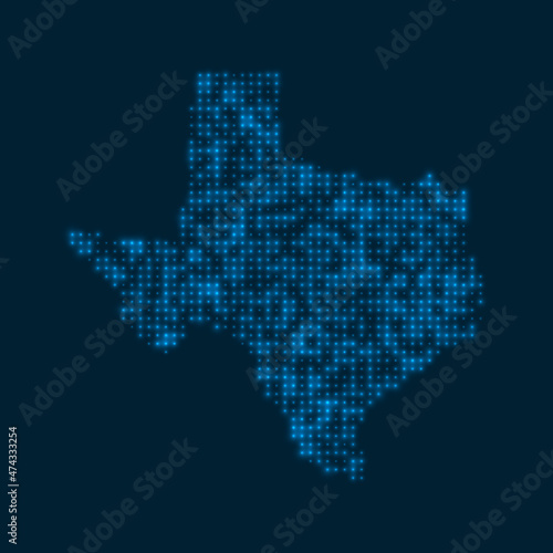 Texas dotted glowing map. Shape of the us state with blue bright bulbs. Vector illustration.