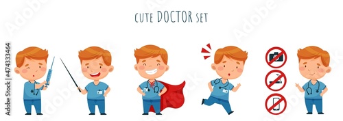 Seth with the doctor. A man holds a syringe, runs, points to prohibition signs, superhero, points to a pointer. Vector characters for design, posters, cards and patterns