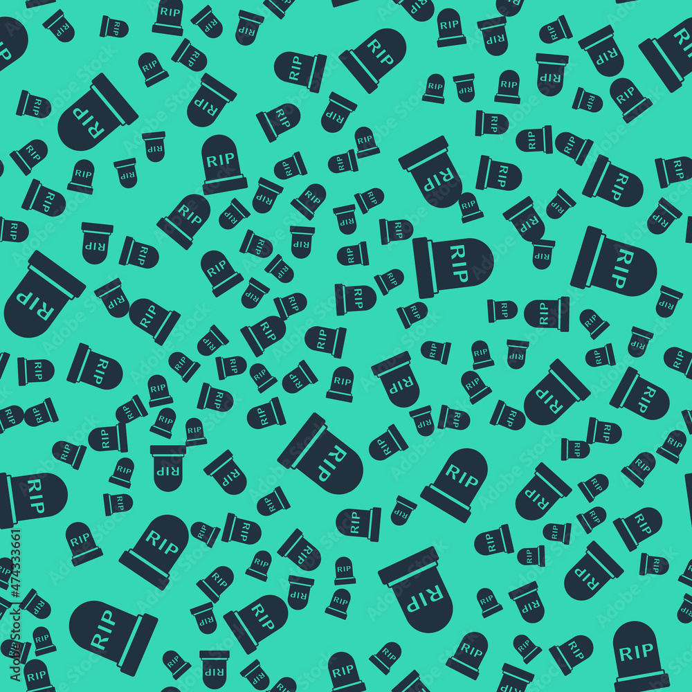 Black Tombstone with RIP written on it icon isolated seamless pattern on green background. Grave icon. Happy Halloween party. Vector Black Tombstone with RIP written on it icon isolated seamless pattern on green background. Grave icon. Happy Halloween party. Vector