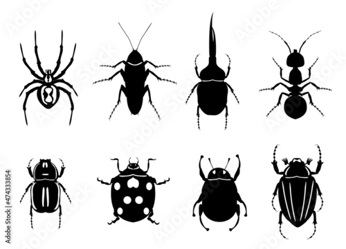 Insect icons. Set of insects, icons beetles, ants, spiders. Silhouettes of insects.