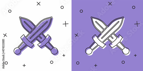 Set Crossed medieval sword icon isolated on white and purple background. Medieval weapon. Vector