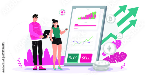 Investor boy and girl looking at chart of growing Bitcoin cryptocurrency on mobile. investment, 