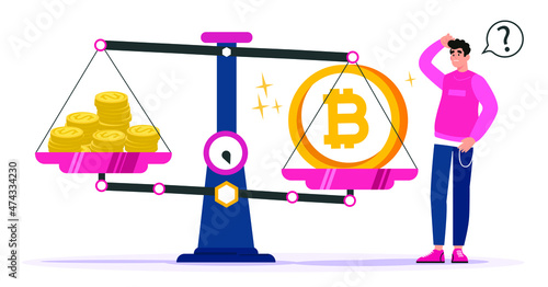 A man is choosing to invest between cryptocurrencies and cryptocurrencies. bitcoin, cryptocurrency, Fiat Currency, Cryptocurrency exchange concept. Vector cartoon illustration.