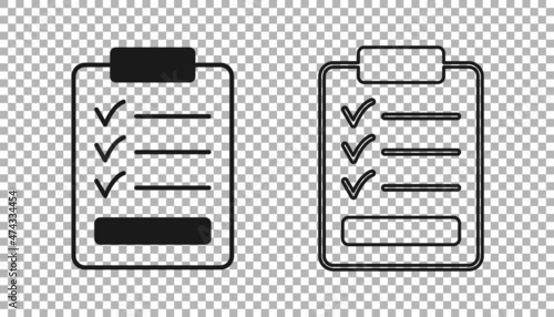 Black Clipboard with checklist icon isolated on transparent background. Control list symbol. Survey poll or questionnaire feedback form. Vector