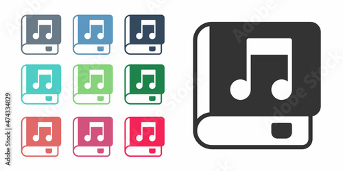 Black Audio book icon isolated on white background. Musical note with book. Audio guide sign. Online learning concept. Set icons colorful. Vector
