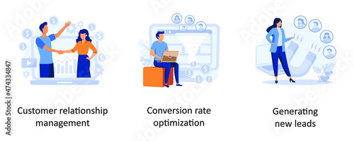 Customer relationship management, Conversion rate optimization, Generating new leads. CRM lead management abstract concept vector illustration set.