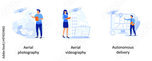Aerial photography, Aerial videography, Autonomus delivery. Drone service abstract concept vector illustrations.