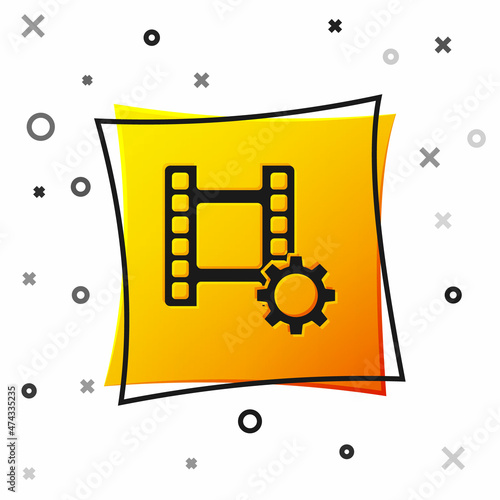 Black Play Video icon isolated on white background. Film strip sign. Yellow square button. Vector