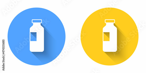 White Bottle of water icon isolated with long shadow background. Soda aqua drink sign. Circle button. Vector