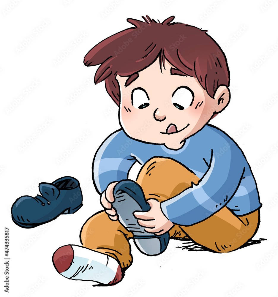 Illustration of boy putting on shoes ilustração do Stock | Adobe Stock