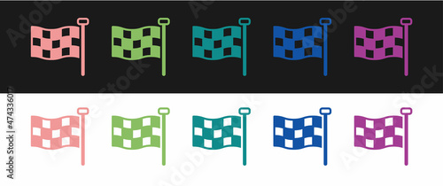 Set Checkered flag icon isolated on black and white background. Racing flag. Vector