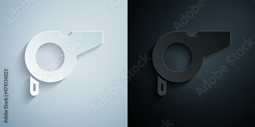 Paper cut Whistle icon isolated on grey and black background. Referee symbol. Fitness and sport sign. Paper art style. Vector