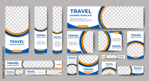 Travel banner design web template Set, Horizontal header web banner. Modern Gradient Blue cover header background for website design, Social Media Cover ads banner, flyer, invitation card