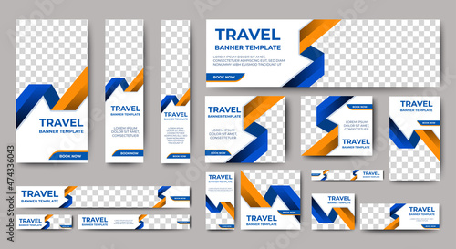 Travel banner design web template Set, Horizontal header web banner. Modern Gradient Blue cover header background for website design, Social Media Cover ads banner, flyer, invitation card