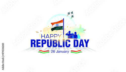 Indian Republic day with tricolor flag. Typography Design and people saluting celebrating Republic day