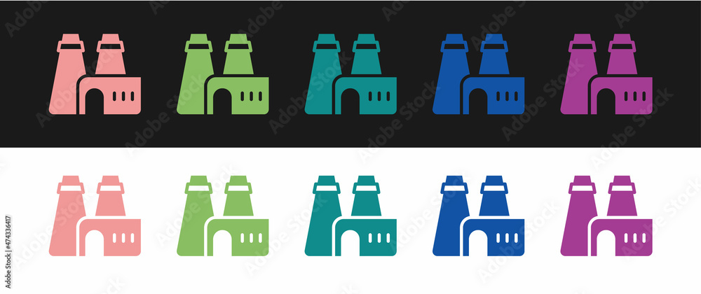 Set Factory production icon isolated on black and white background. Industrial building. Vector Set Factory production icon isolated on black and white background. Industrial building. Vector