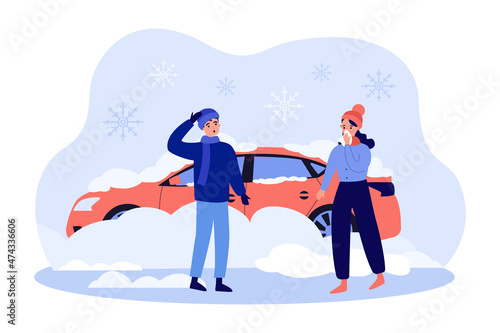 Couple people with car buried under snowdrift, covered with snow. Man and woman on snowy street flat vector illustration. Winter accident concept for banner, website design or landing web page