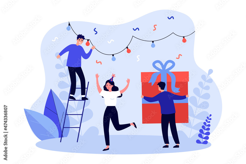 Happy tiny people celebrating holiday with gift and garland. Man giving present with congratulations flat vector illustration. Celebration, event concept for banner, website design or landing web page