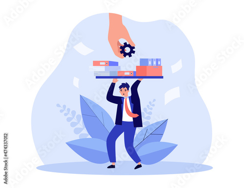 Tiny businessman holding burden with heavy documents. Hand of office manager adding paperwork flat vector illustration. Overload, work stress concept for banner, website design or landing web page