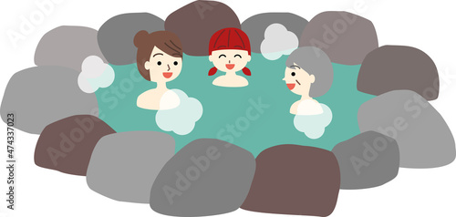 温泉に入る女性3人（祖母と母と娘） © Misaso 