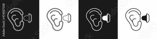Set Earplugs and ear icon isolated on black and white background. Ear plug sign. Noise symbol. Sleeping quality concept. Vector