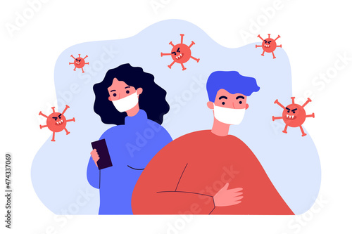 Attack of virus cells on couple standing together. People wearing face medical mask flat vector illustration. Coronavirus protection, quarantine concept for banner, website design or landing web page