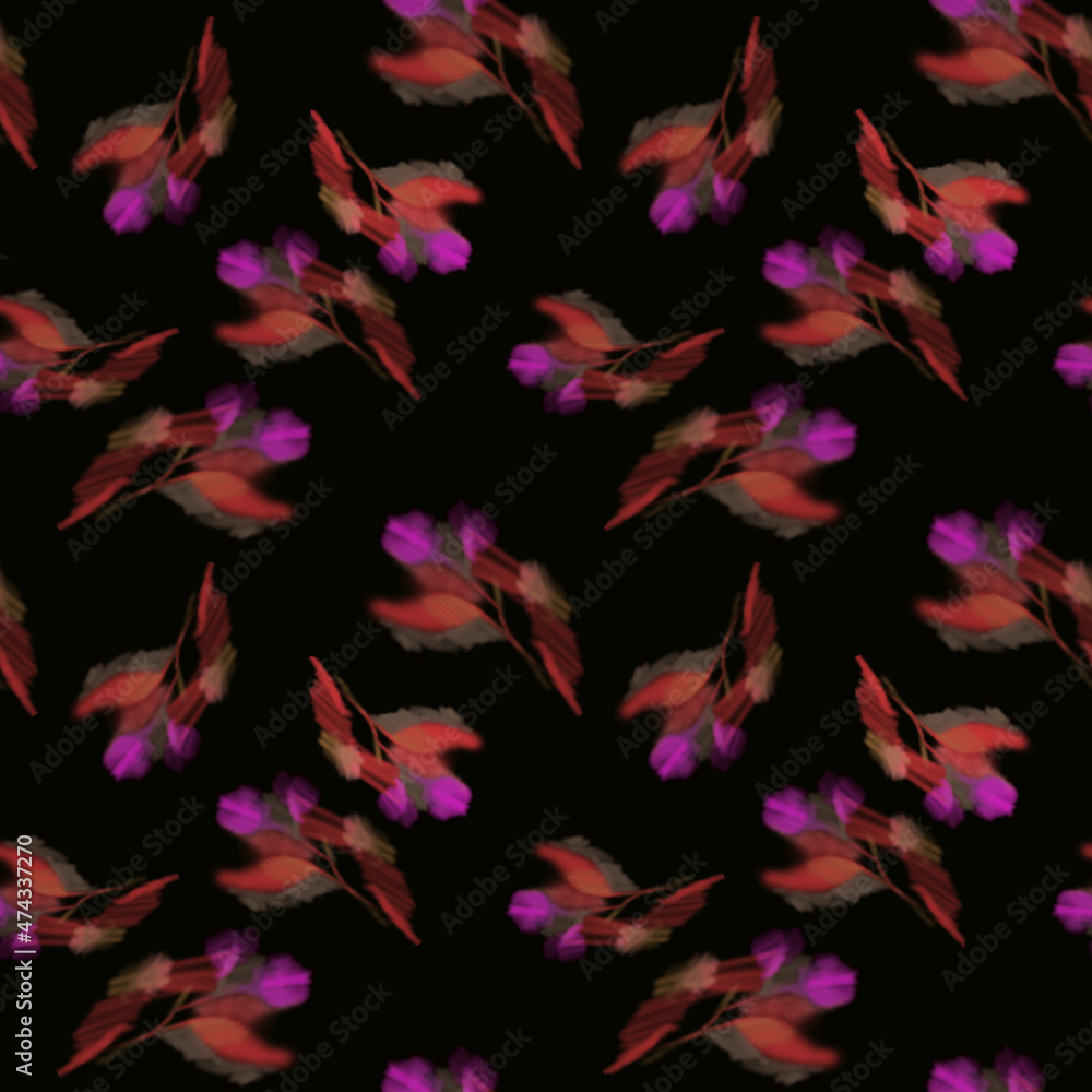 Transparent Night dance Seamless floral pattern with blurred roses on black background
