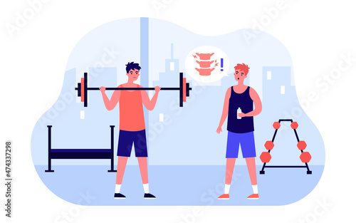 Man warning bodybuilder about back protection during gym workout. Back pain in people due to exercise flat vector illustration. Sport injury concept for banner, website design or landing web page