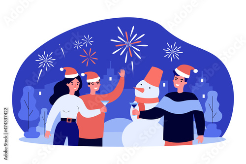 New Year night party with friends holding glasses with champagne. People celebrating flat vector illustration. Holiday, festive celebration concept for banner, website design or landing web page