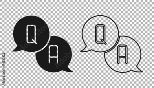 Black Speech bubbles with Question and Answer icon isolated on transparent background. Q and A symbol. FAQ sign. Chat speech bubble and chart. Vector