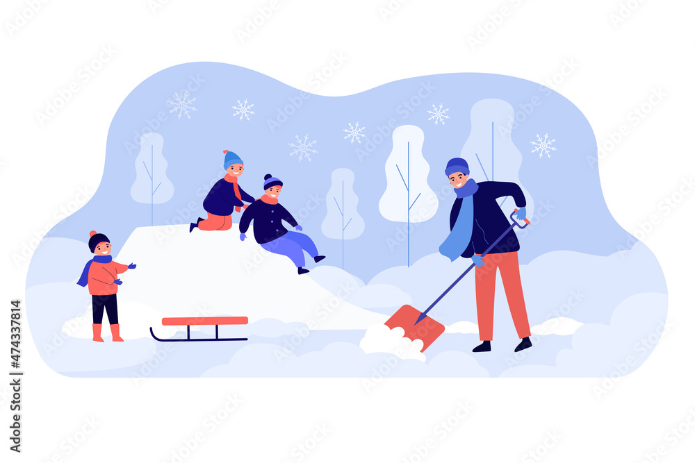Happy kids playing in snowdrifts, man with shovel clearing snow. Removal of snow by person from snowy street flat vector illustration. Winter concept for banner, website design or landing web page
