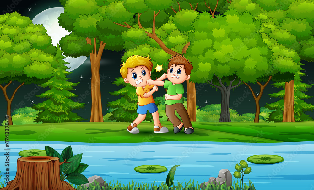 Naklejka premium Cartoon illustration boys fighting on the riverside
