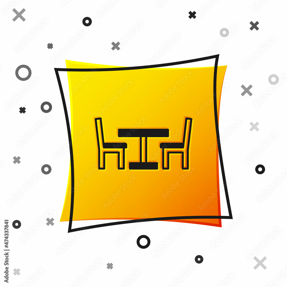 Black Wooden table with chair icon isolated on white background. Street cafe. Yellow square button. Vector Black Wooden table with chair icon isolated on white background. Street cafe. Yellow square button. Vector