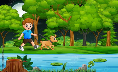 Cartoon a boy with his dog walking by the river