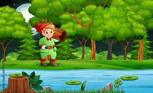 Cartoon dwarf man carrying a log by the river