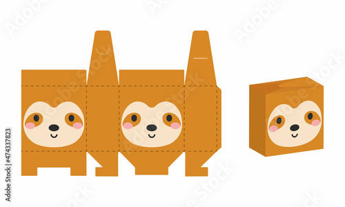 Simple packaging favor box sloth design for sweets, candies, presents, bakery. DIY package template for any purposes, birthdays, baby showers, halloween, christmas. Print, cutout, fold, glue.