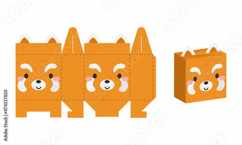 Simple packaging favor box red panda design for sweets, candies, presents, bakery. DIY package template for any purposes, birthdays, baby showers, halloween, christmas. Print, cutout, fold, glue.