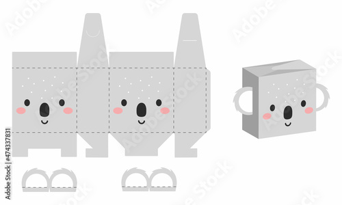 Simple packaging favor box koala design for sweets, candies, presents, bakery. DIY package template for any purposes, birthdays, baby showers, halloween, christmas. Print, cutout, fold, glue.
