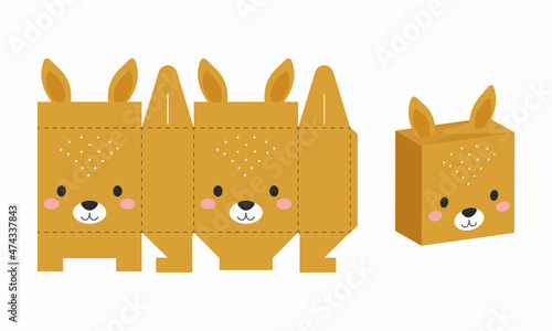 Simple packaging favor box kangaroo design for sweets, candies, presents, bakery. DIY package template for any purposes, birthdays, baby showers, halloween, christmas. Print, cutout, fold, glue.