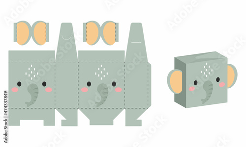 Simple packaging favor box elephant design for sweets, candies, presents, bakery. DIY package template for any purposes, birthdays, baby showers, halloween, christmas. Print, cutout, fold, glue.