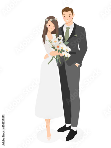 cute cartoon young wedding couple with Phalaenopsis orchid bouquet flat style