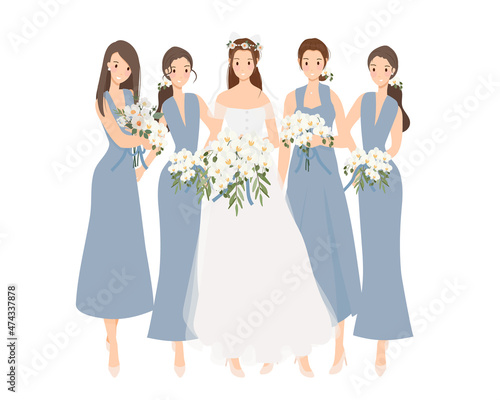 beautiful happy bride and bridesmaid in blue gown wedding ceremony