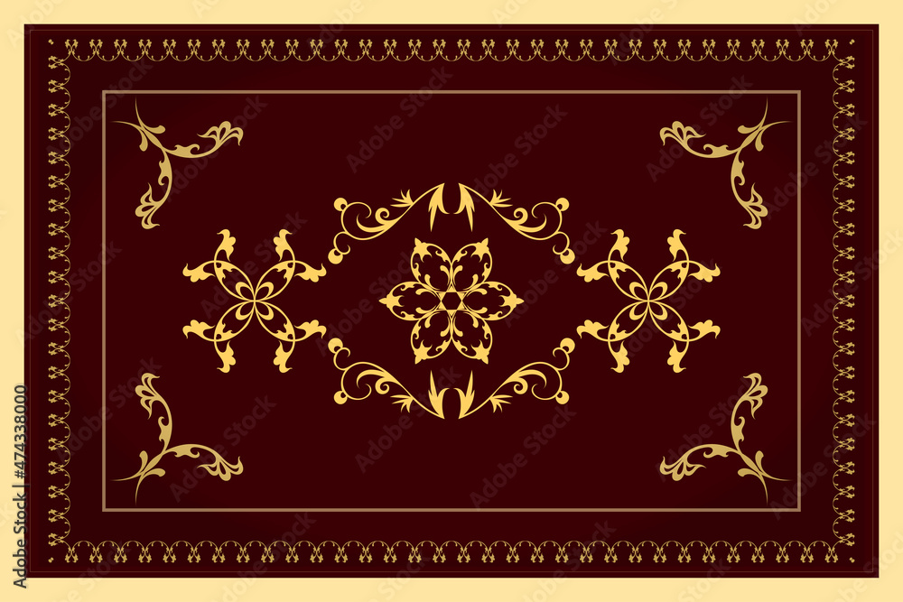 Vector pattern for design of carpet, scarf, tiles, tablecloths. Yellow abstract pattern in a square on a dark burgundy background.