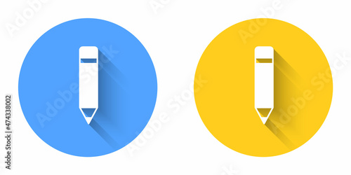 White Pencil with eraser icon isolated with long shadow background. Drawing and educational tools. School office symbol. Circle button. Vector