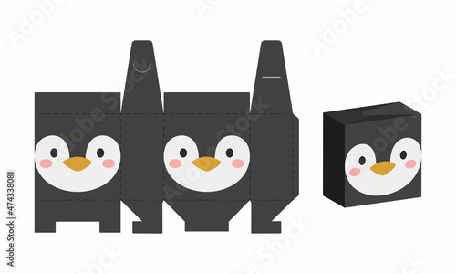 Simple packaging favor box penguin design for sweets, candies, presents, bakery. DIY package template for any purposes, birthdays, baby showers, halloween, christmas. Print, cutout, fold, glue.