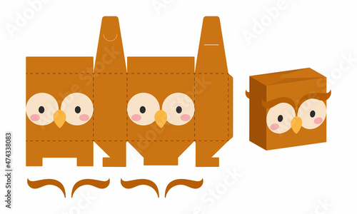 Simple packaging favor box owl design for sweets, candies, presents, bakery. DIY package template for any purposes, birthdays, baby showers, halloween, christmas. Print, cutout, fold, glue.