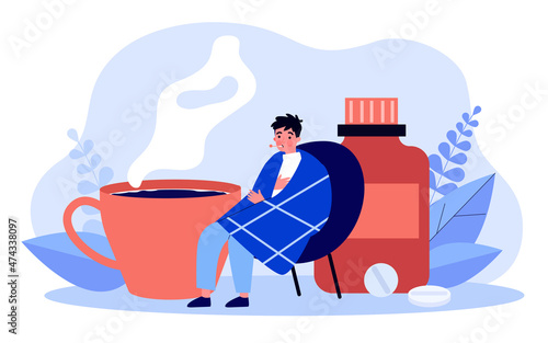 Tiny sick boy sitting by cup of hot tea and pills. Person measuring temperature with thermometer flat vector illustration. Cold, flu in winter concept for banner, website design or landing web page