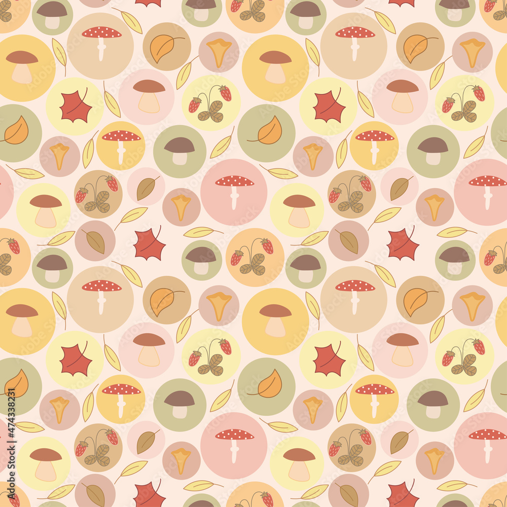 Polka dotted seamless pattern. Pastel color circles with mushrooms, berries, leaves. Polka dotted seamless pattern. Pastel color circles with mushrooms, berries, leaves.